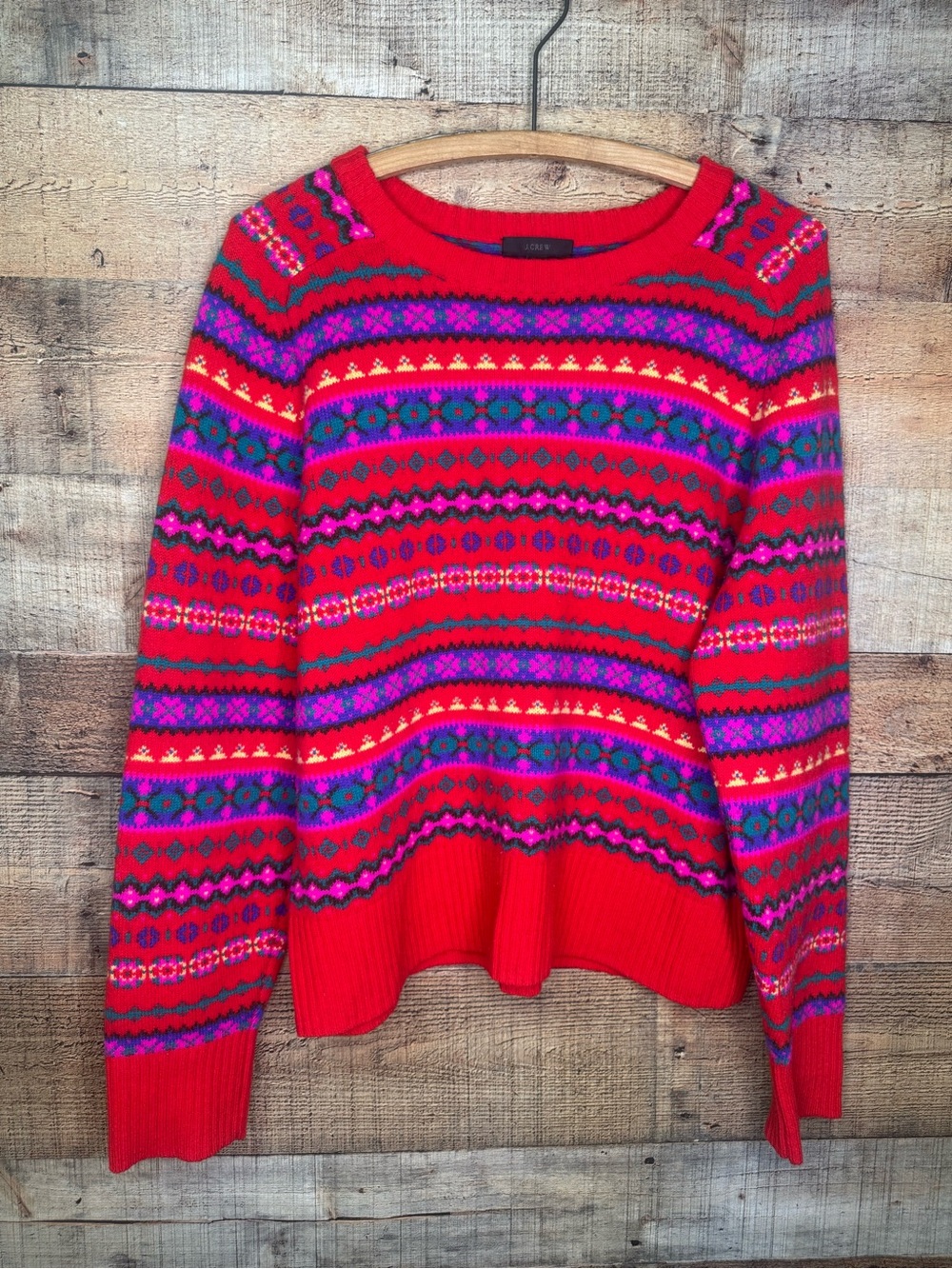J Crew Holly Fair Isle Sweater Womens XL Wool Colorful Cabincore Nordic Red